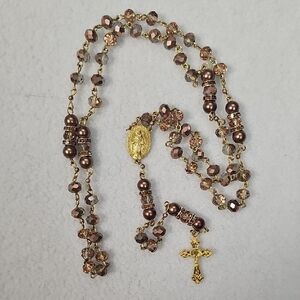 Gold-Tone Brown Beaded Rosary Necklace